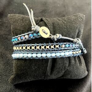 Chan Luu Triple Strand Blue & Grey Beads - Silver & Dark Grey Leather Bracelet